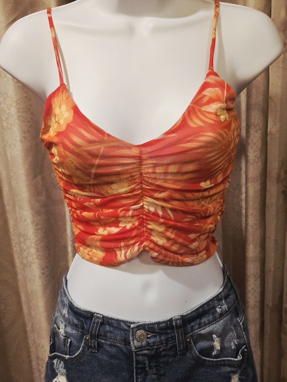 Orange Floral Ruched Spaghetti Strap Crop Top